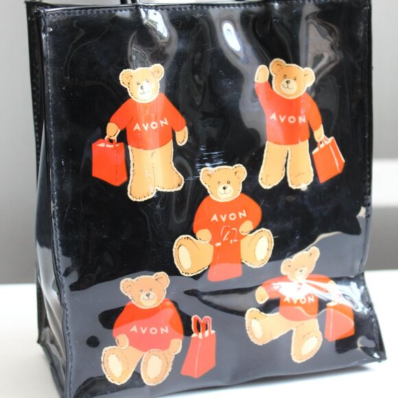 Avon Vintage Black Red PVC Teddy Bear Mini Tote Purse Double Handle Bag - Picture 4 of 6